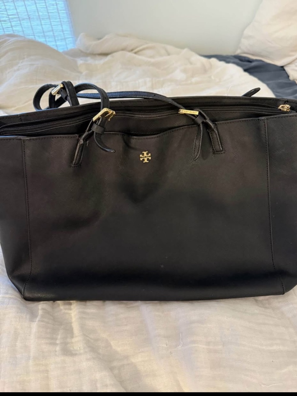Tory Burch Black Leather Tote with Gold Logo